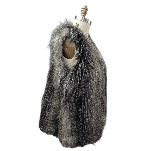 Via Spiga Faux Feather Fox Fur Open Vest Fully Lined Blk/Tan Sz L - Picture 2 of 5